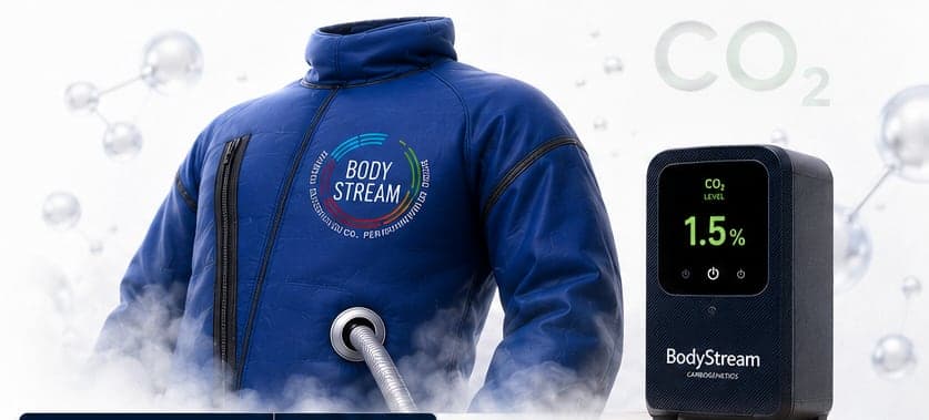 The BodyStream suit and its electronic control system displaying a 1.5% CO2 level, surrounded by vapor