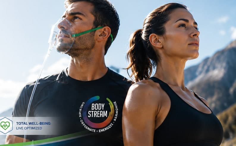 A man breathing through a CO2 therapy mask beside a woman, outdoors in the mountains, both wearing BodyStream apparel