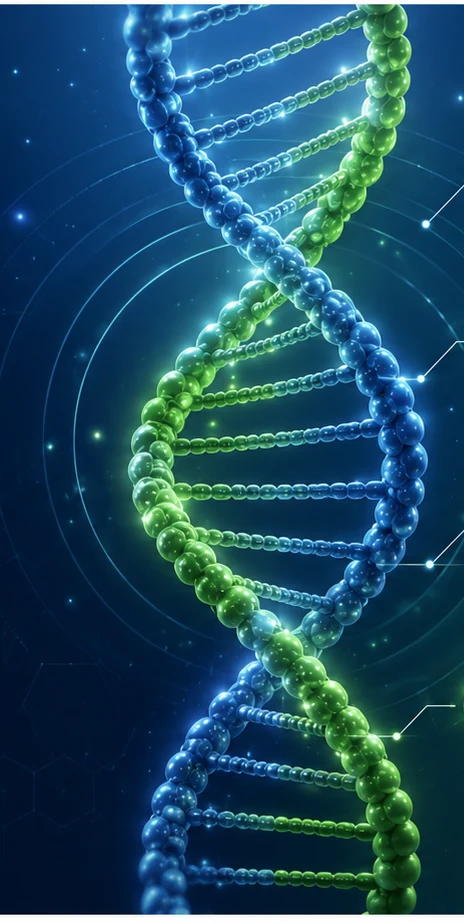 Glowing blue and green DNA double helix representing the biology behind human performance