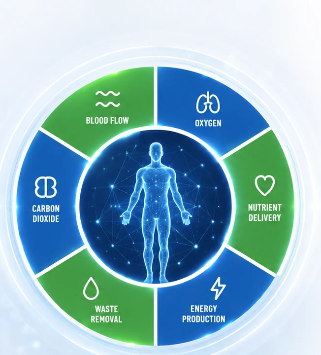 Diagram of one connected physiological system: blood flow, oxygen, nutrient delivery, energy production, waste removal, and carbon dioxide surrounding the body