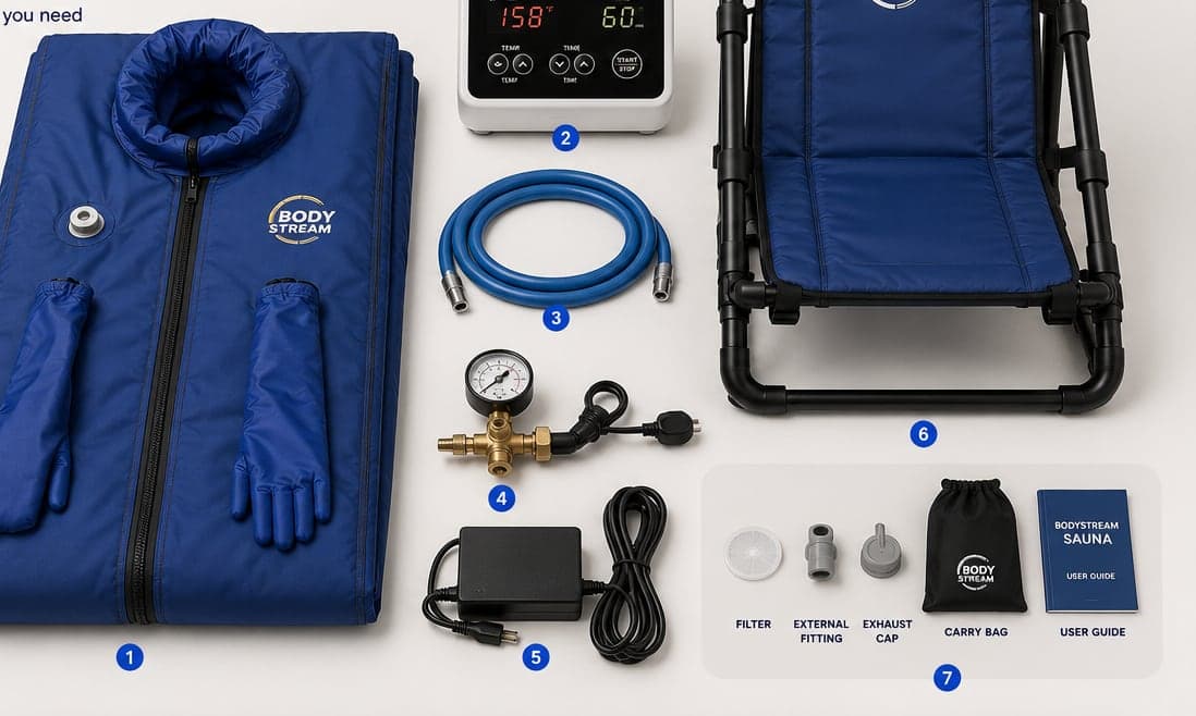 Everything included with the BodyStream Sauna: the suit, IR controller, CO2 hose, regulator, power supply, chair, and accessories