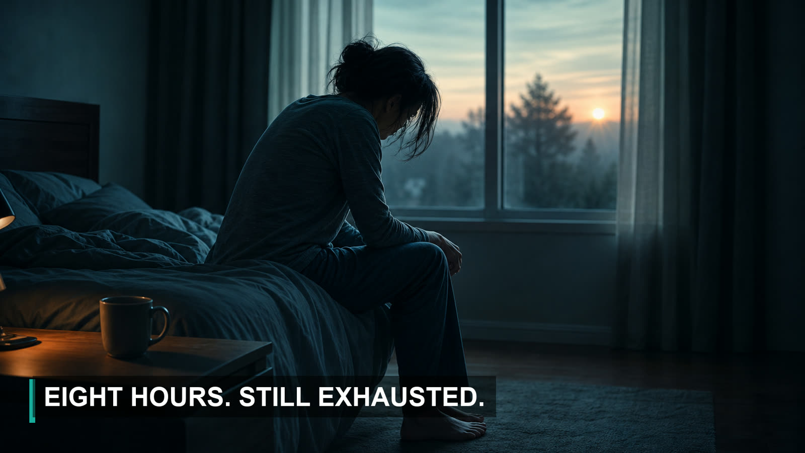 A weary person awake at dawn, still exhausted after a full night's sleep