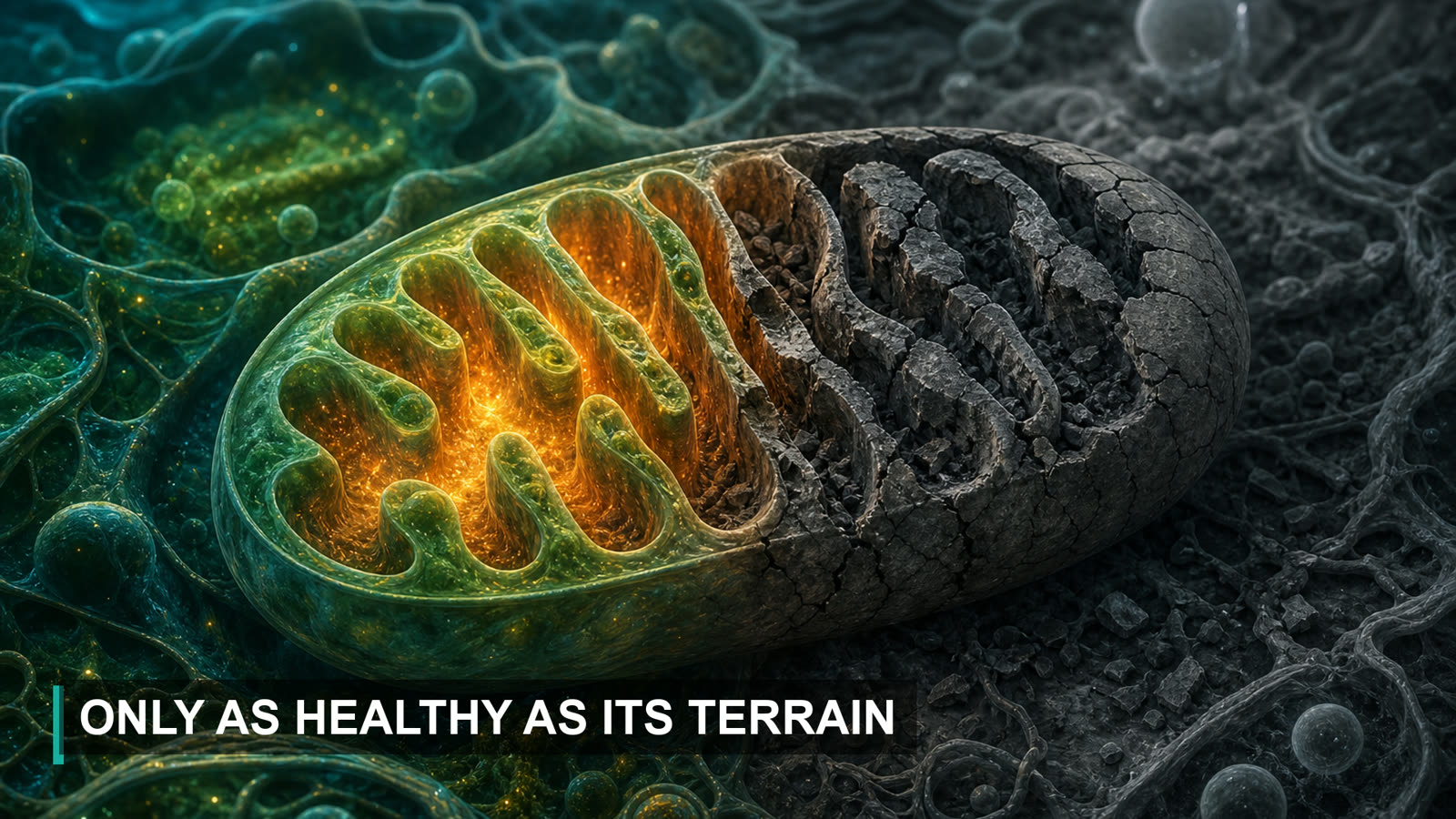 A mitochondrion half healthy and half cracked, only as healthy as its terrain