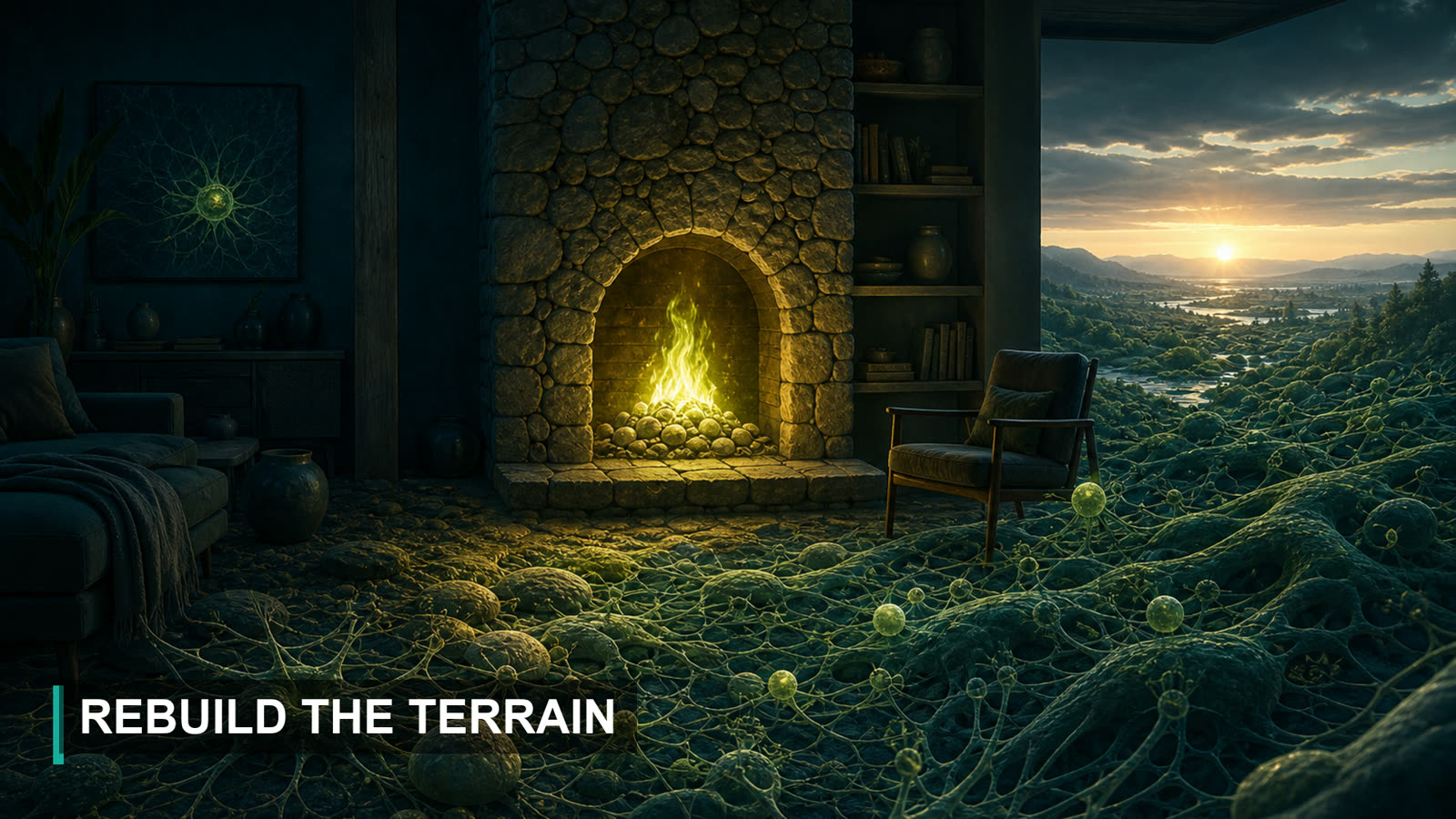 A warm hearth with a clean flame and a restored living terrain
