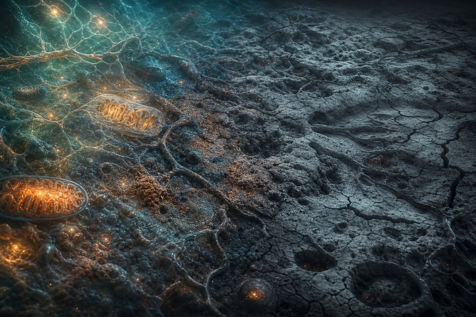 Living cellular terrain with glowing mitochondria degrading into cracked, collapsed ground
