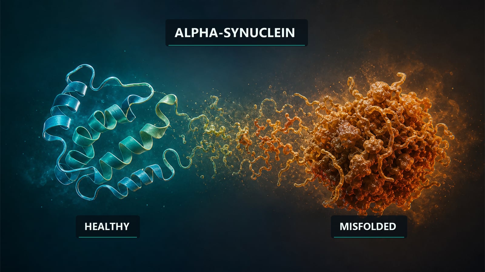 Illustration — alpha-synuclein misfolding in a stressed environment