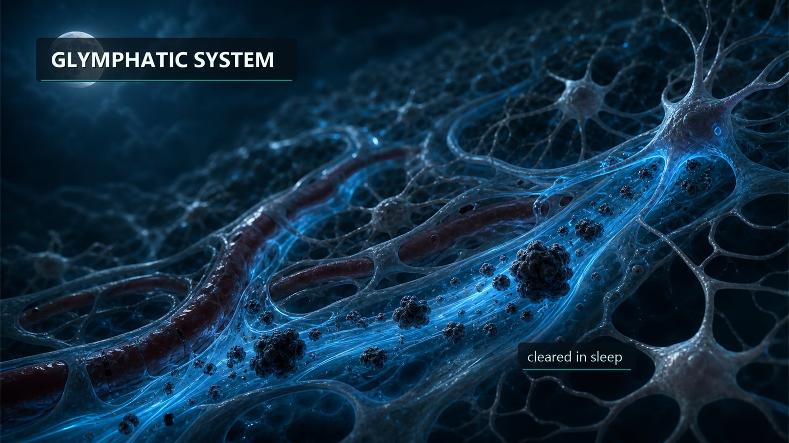 Illustration — the glymphatic system clearing waste during sleep