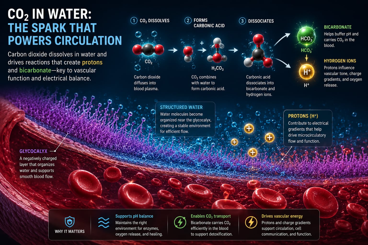 Illustration — carbon dioxide, bicarbonate, and charge separation in the bloodstream