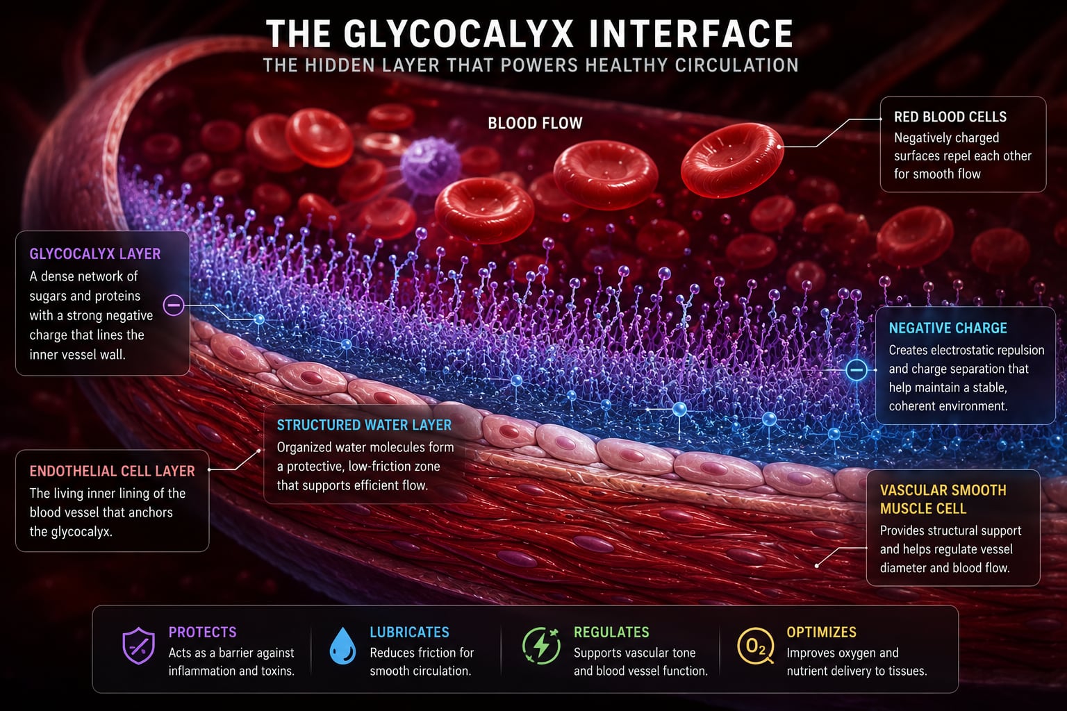 The vascular battery — structured water and charge organization at the vessel wall