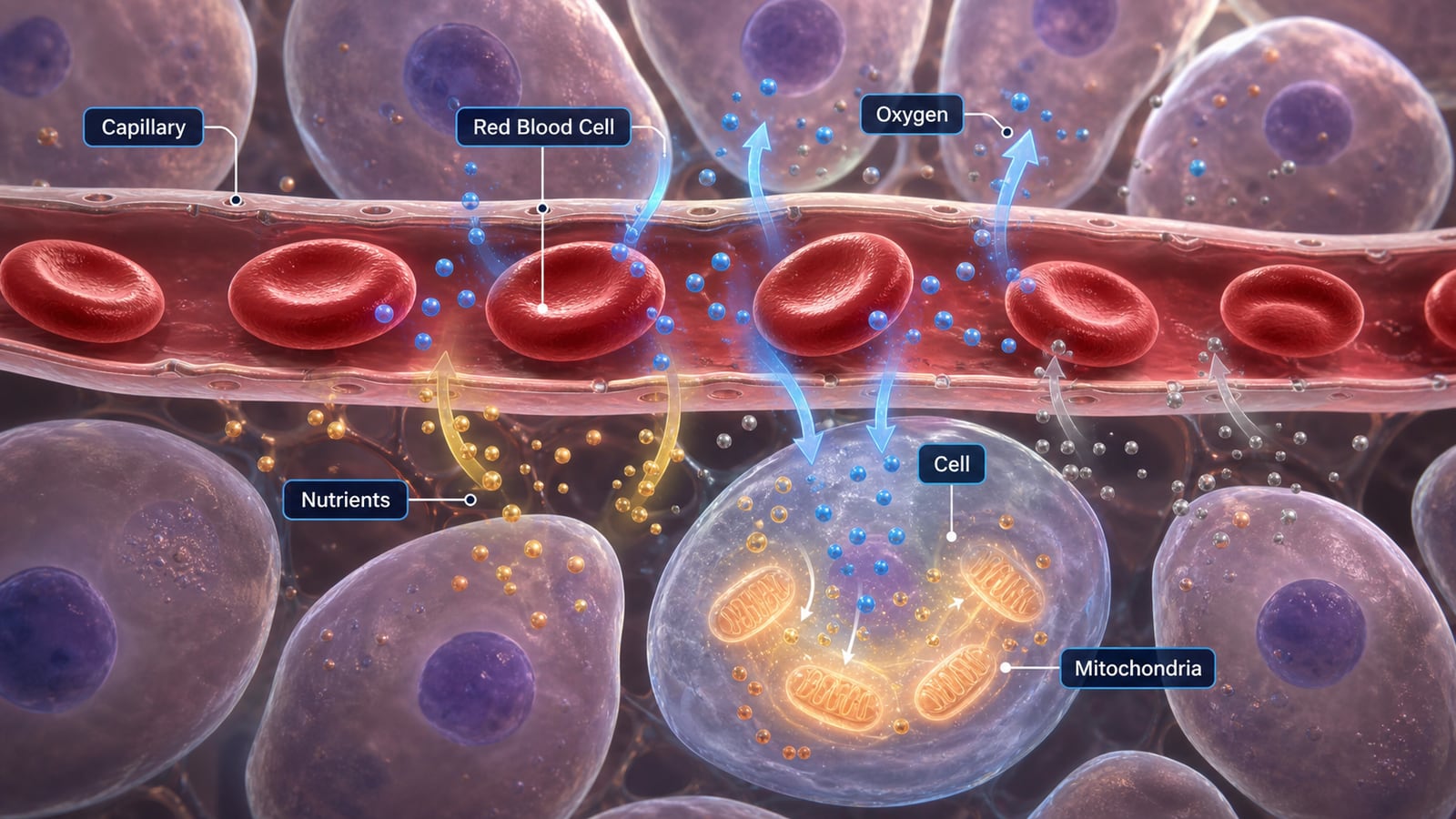 Illustration — the critical oxygen handoff at the capillary