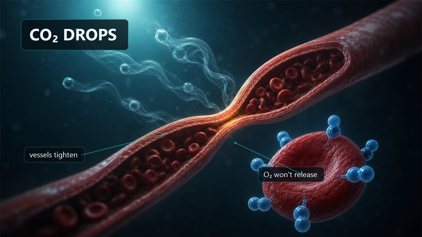 Illustration — overbreathing tightens blood vessels and drops CO2