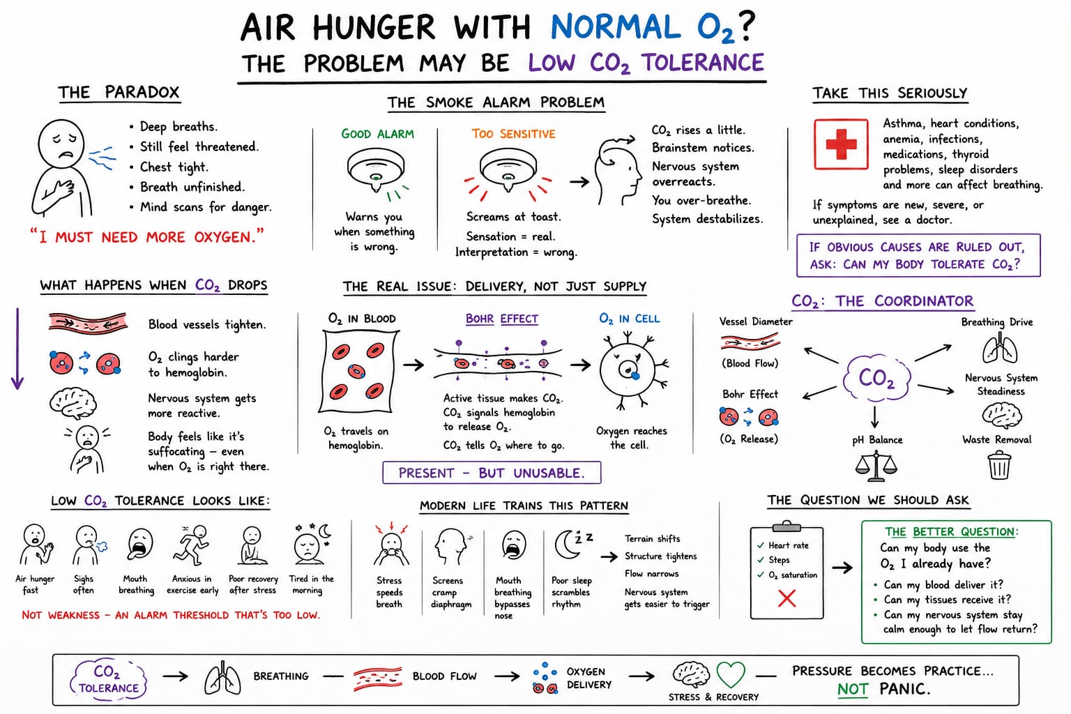 Hand-drawn whiteboard — air hunger with normal O2 may be low CO2 tolerance